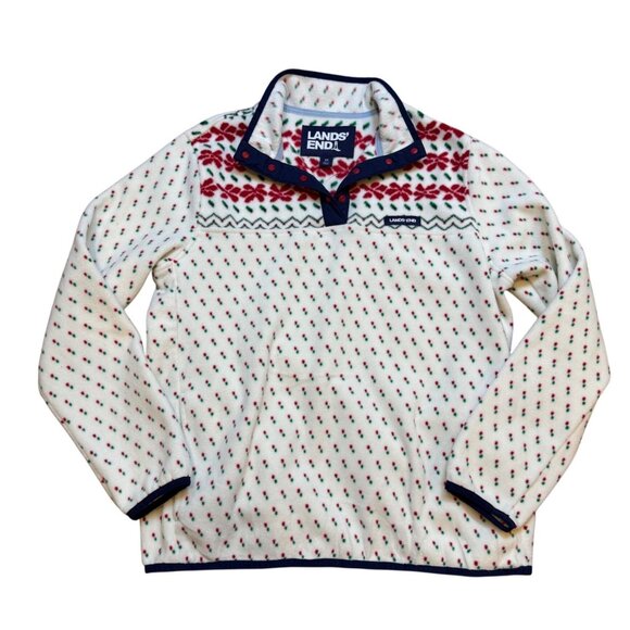 Lands End Heritage Fleece Sweater White Snap Neck Pullover Poinsettia M 10/12 - Picture 1 of 7